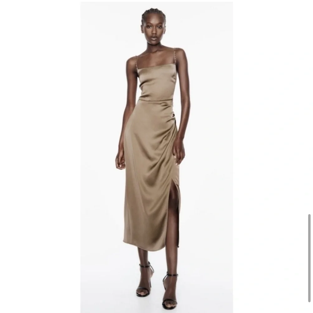 🆕(NWT) ZARA Bloggers Fav Beaded Strap Satin Midi Dress. Size LARGE - Picture 10 of 14